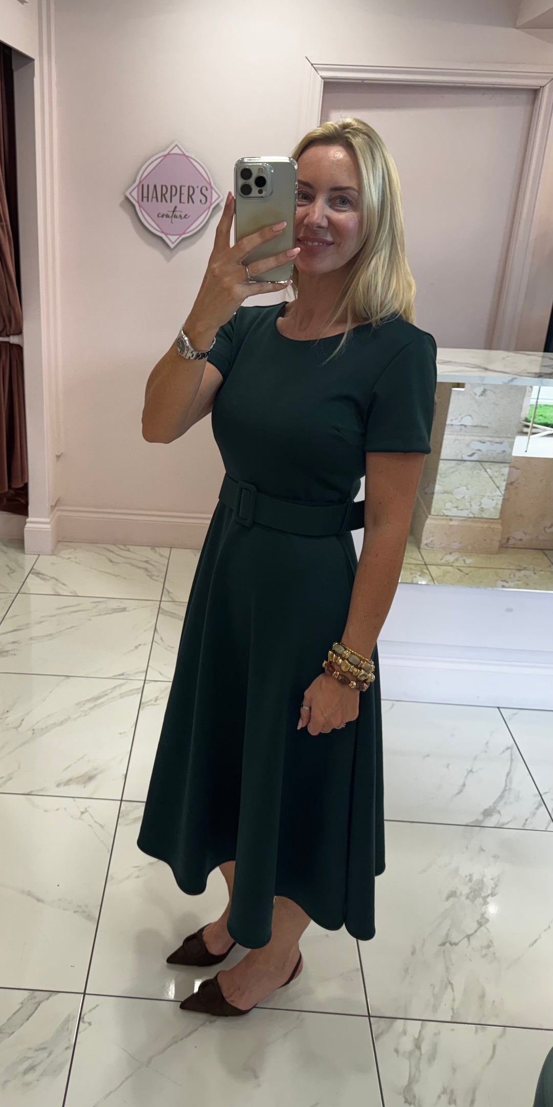Jolene Green Tailored Short Sleeve Midi Dress with Belt