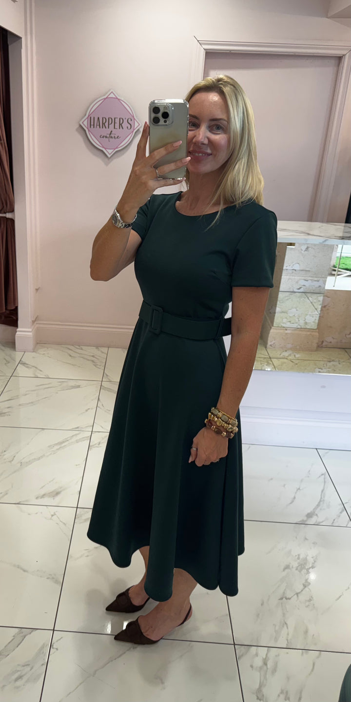 Jolene Green Tailored Short Sleeve Midi Dress with Belt
