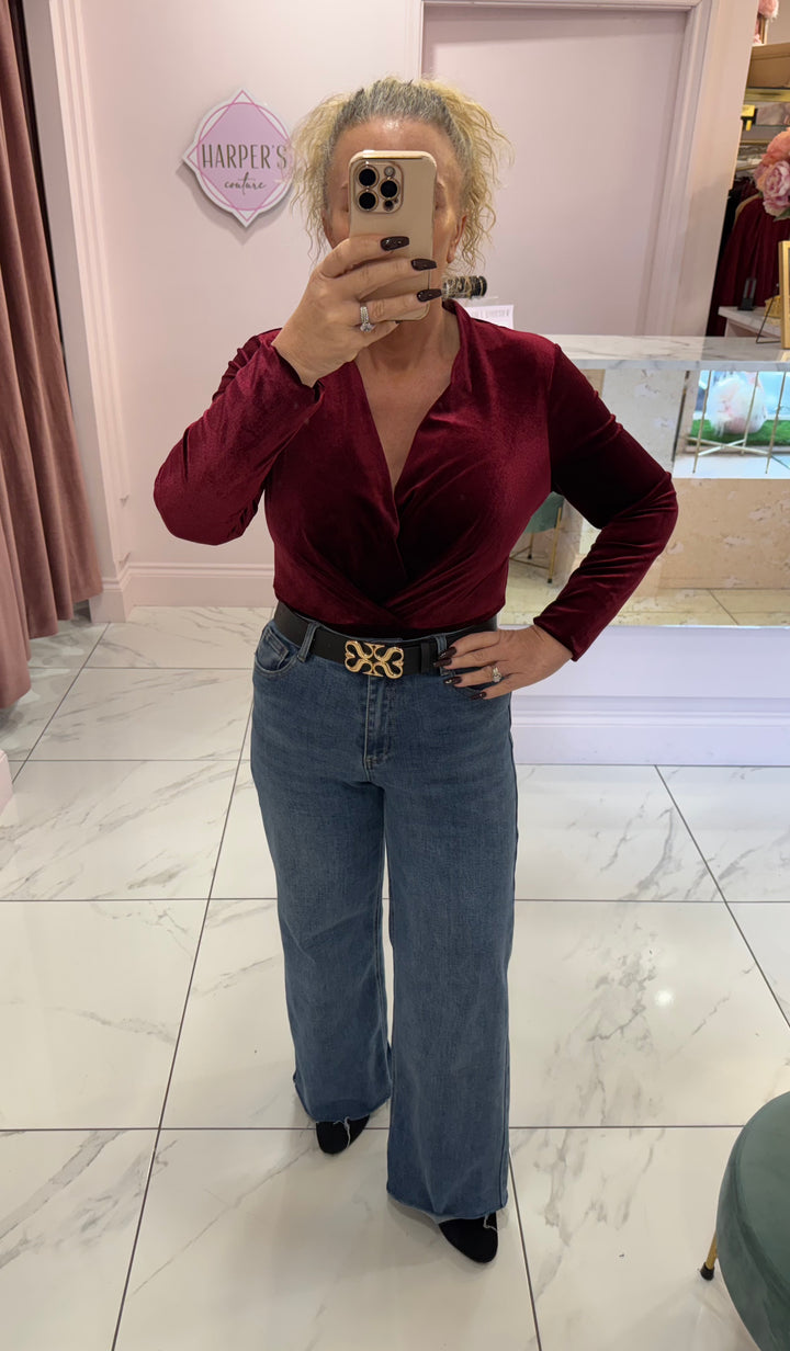 Berry Wrap Over Velvet Long Sleeve Bodysuit