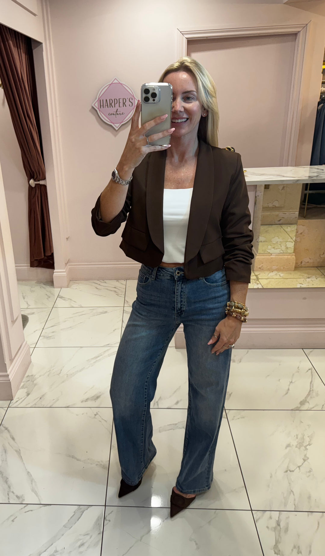 Gabby Chocolate Cropped Ruched Sleeve Blazer