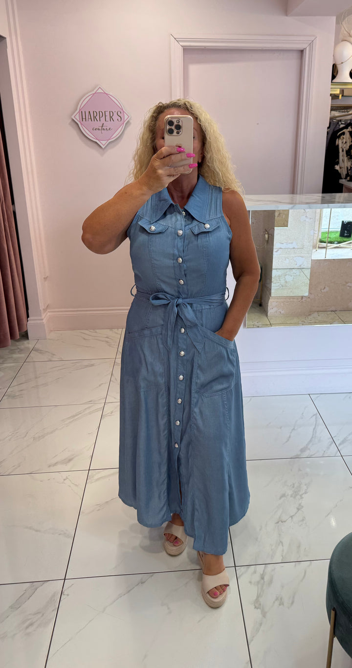 Lola Light Soft Denim Look Belted Dress