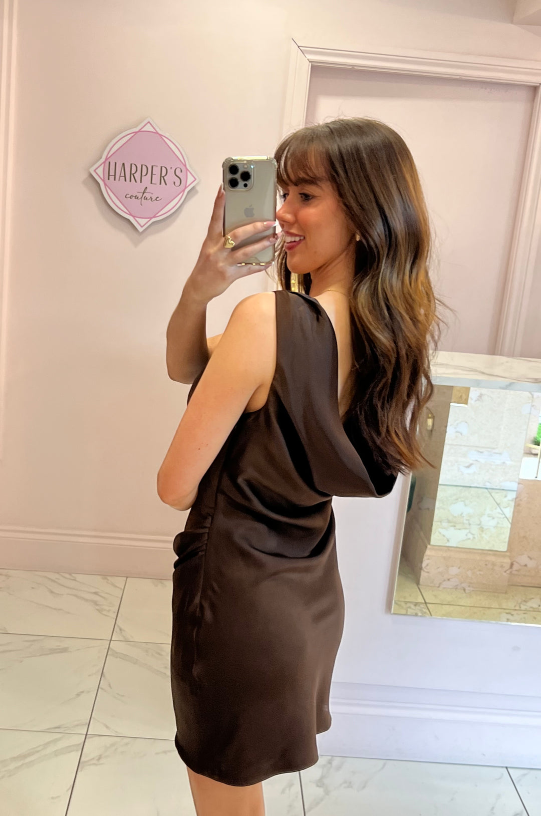 Tia Chocolate Satin Detachable Pearl Necklace Dress