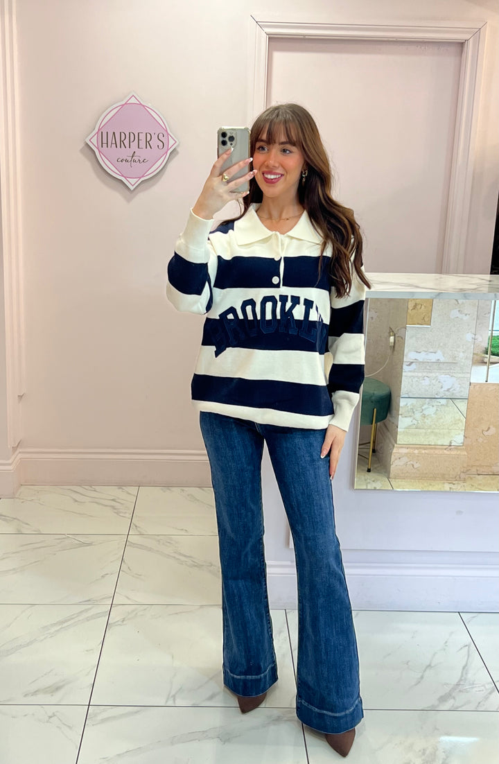 Brooklyn Stripe 1/4 Button Knit Sweater/Jumper