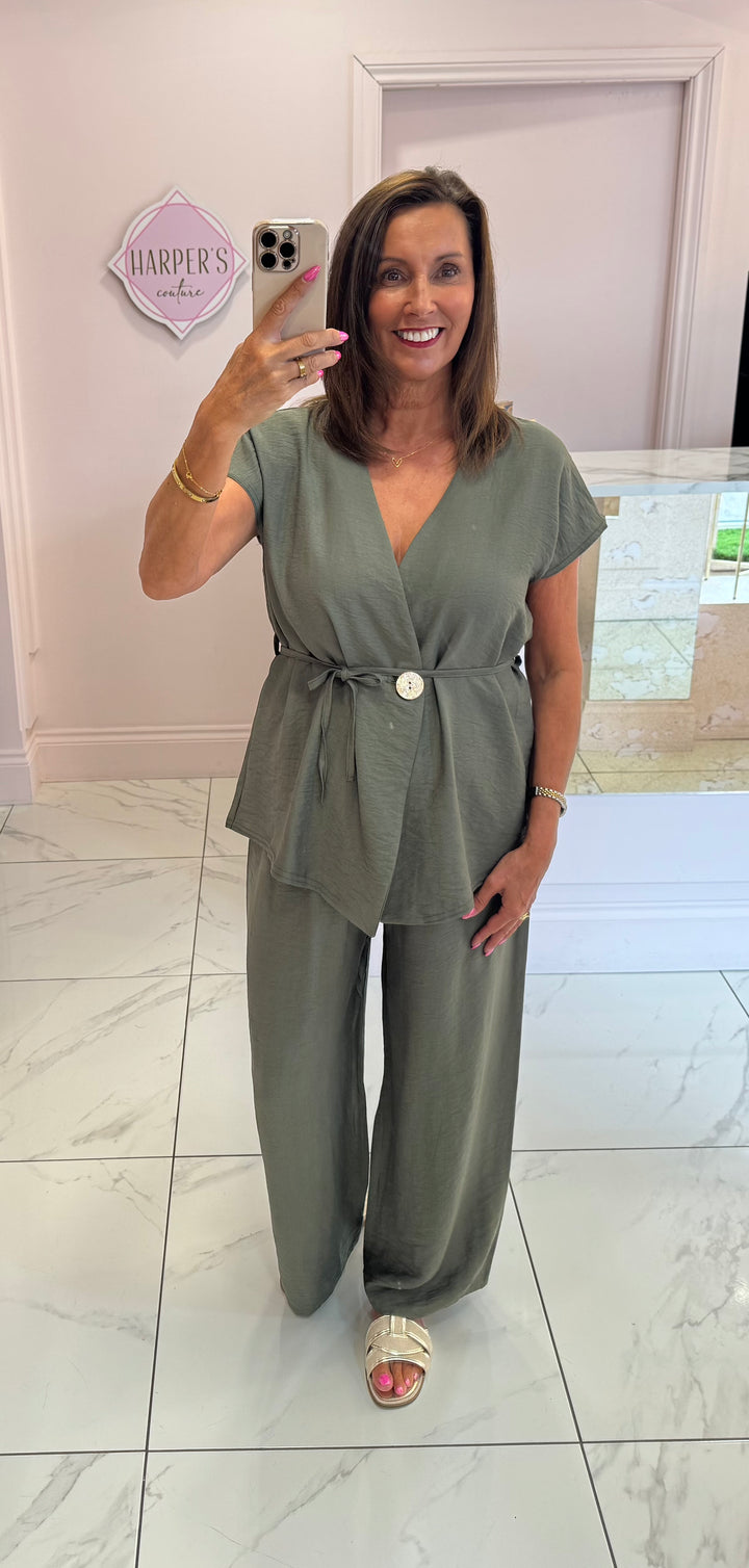 Daisy Khaki Gold Button Trouser & Top Co Ord Set