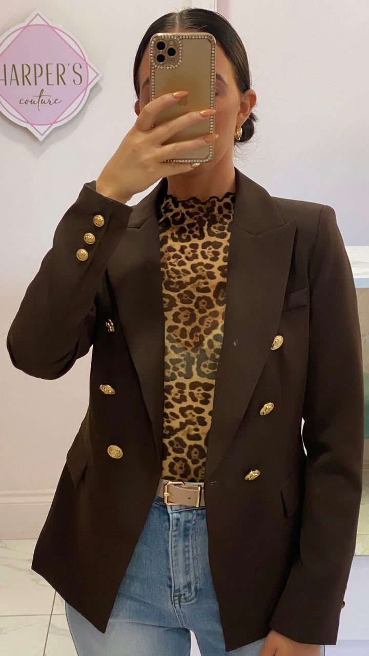 Alena Chocolate Gold Button Inspired Blazer
