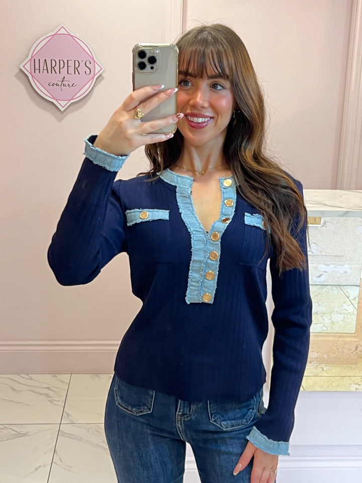 Imogen Navy Denim Trim Knit Sweater/Jumper