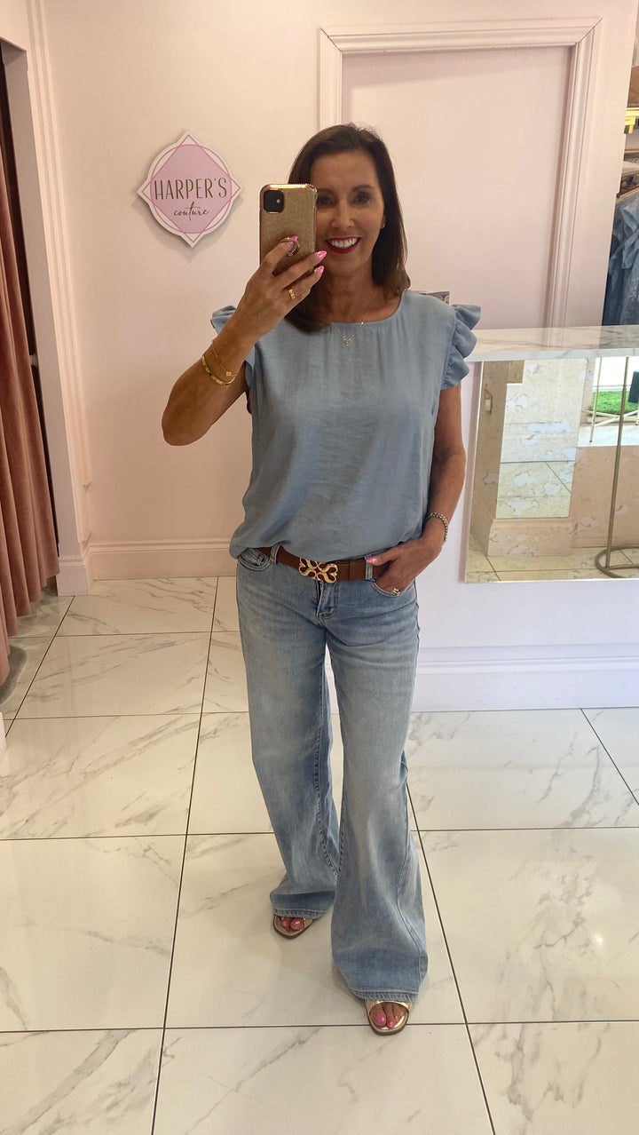 Joy Baby Blue Frill Shoulder Button Back Top
