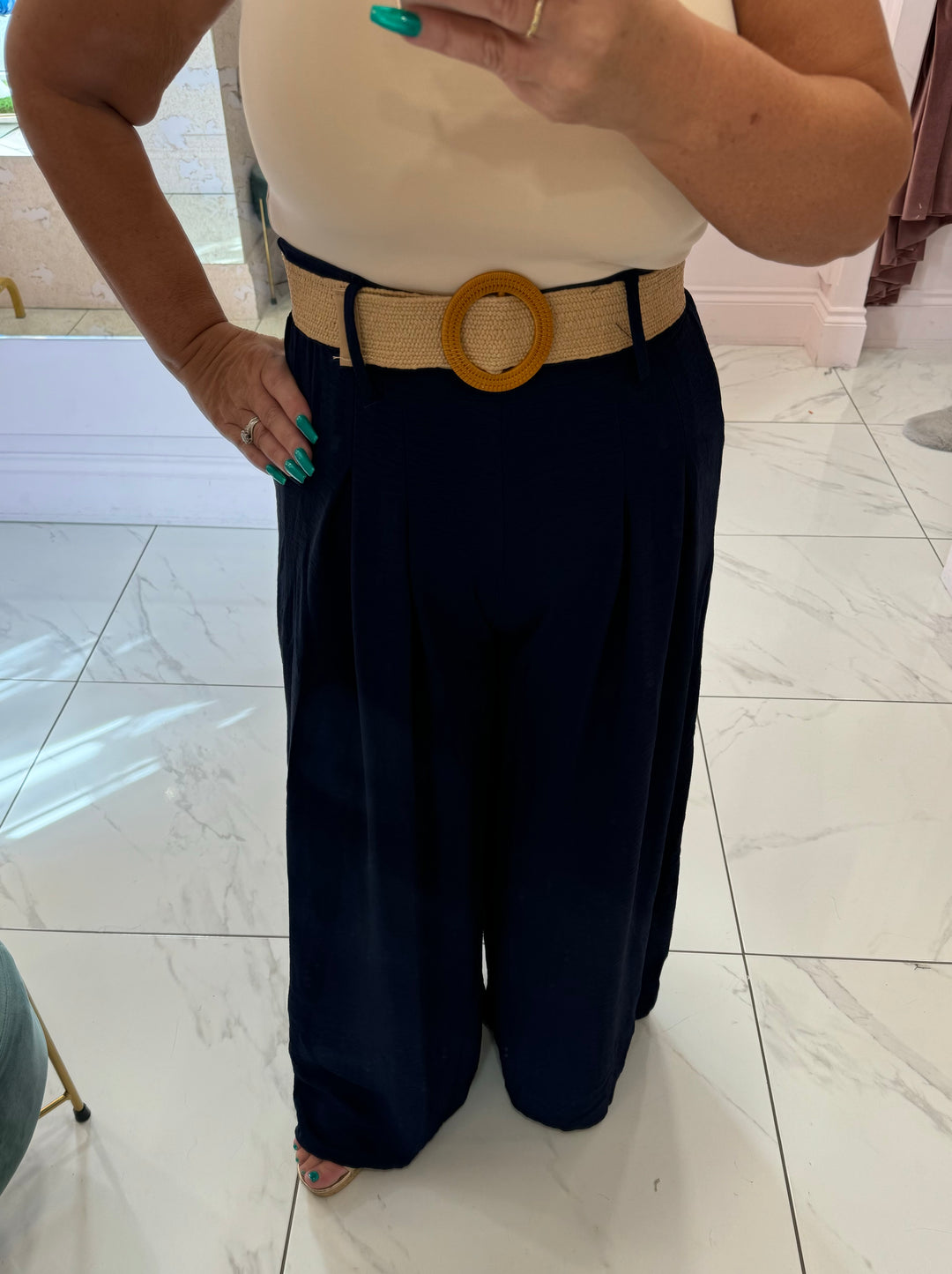Adrianna Navy Wide Leg Belted Trousers
