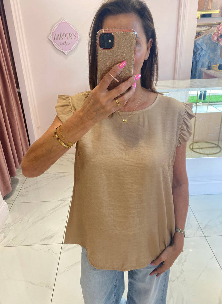 Joy Beige Frill Shoulder Button Back Top