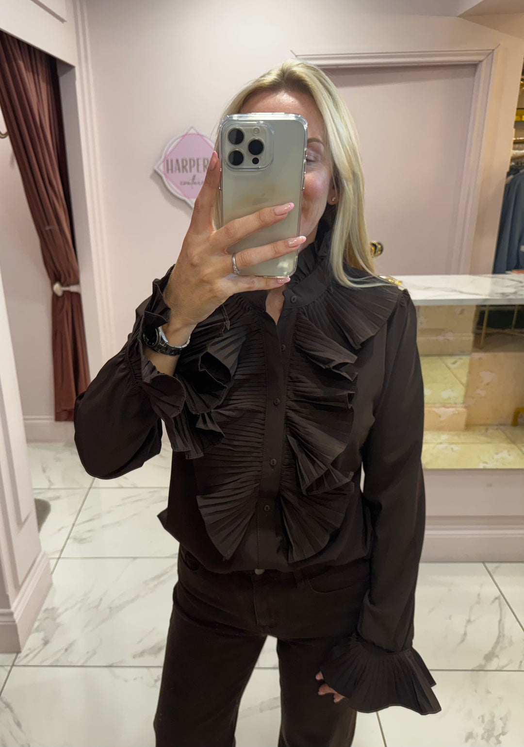 Ella Chocolate Ruffle Front & Cuff Detail Blouse