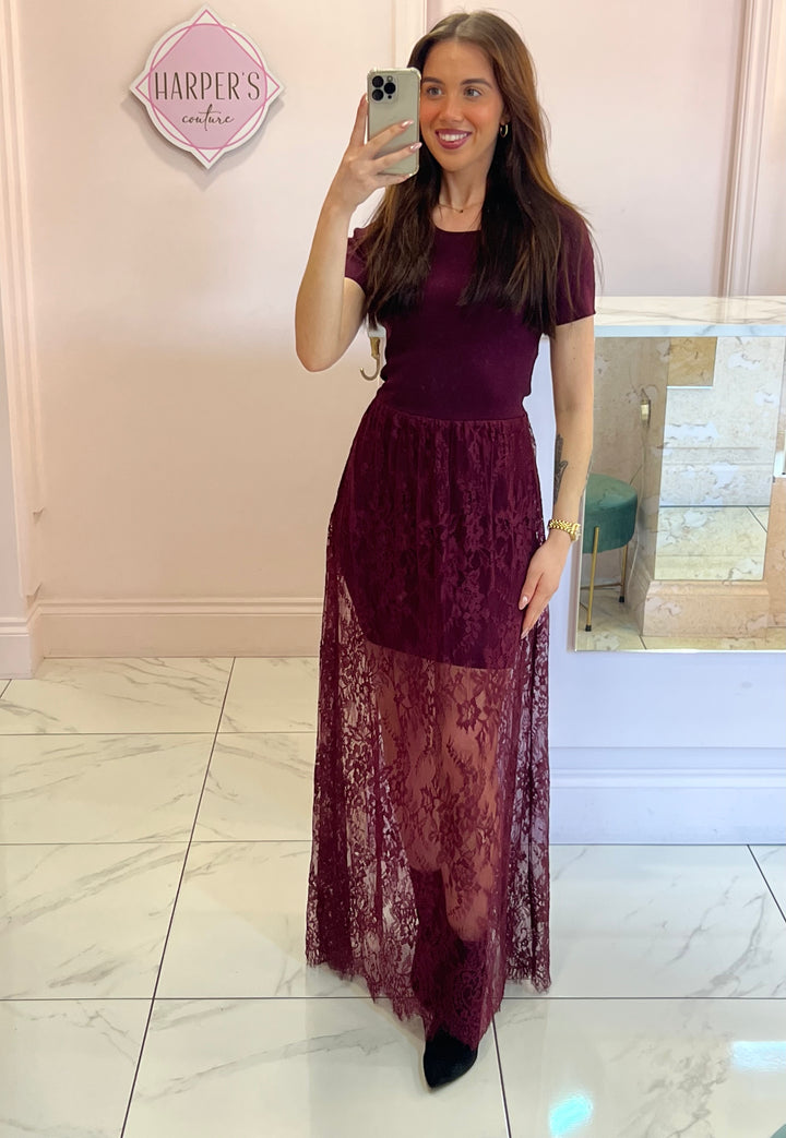 Arla Burgundy Lace Short Sleeve Dress