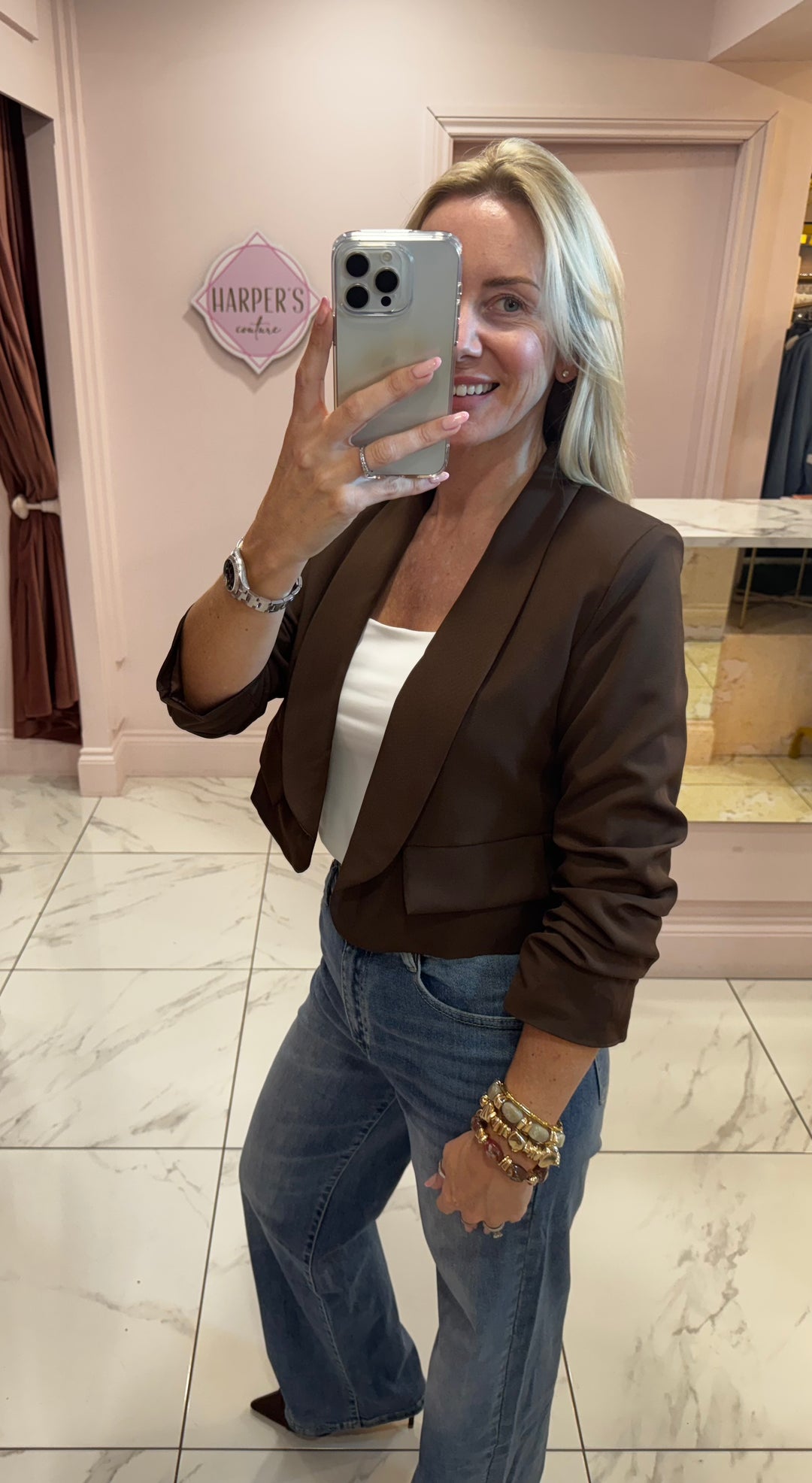 Gabby Chocolate Cropped Ruched Sleeve Blazer