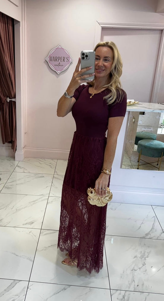 Arla Burgundy Lace Short Sleeve Dress