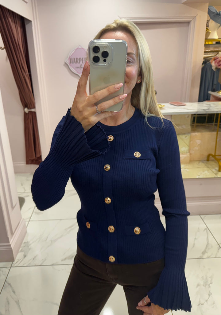 Clara Navy Ribbed Fluted Sleeve Gold Button Jumper