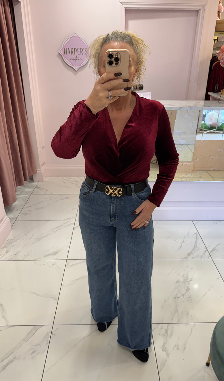 Berry Wrap Over Velvet Long Sleeve Bodysuit