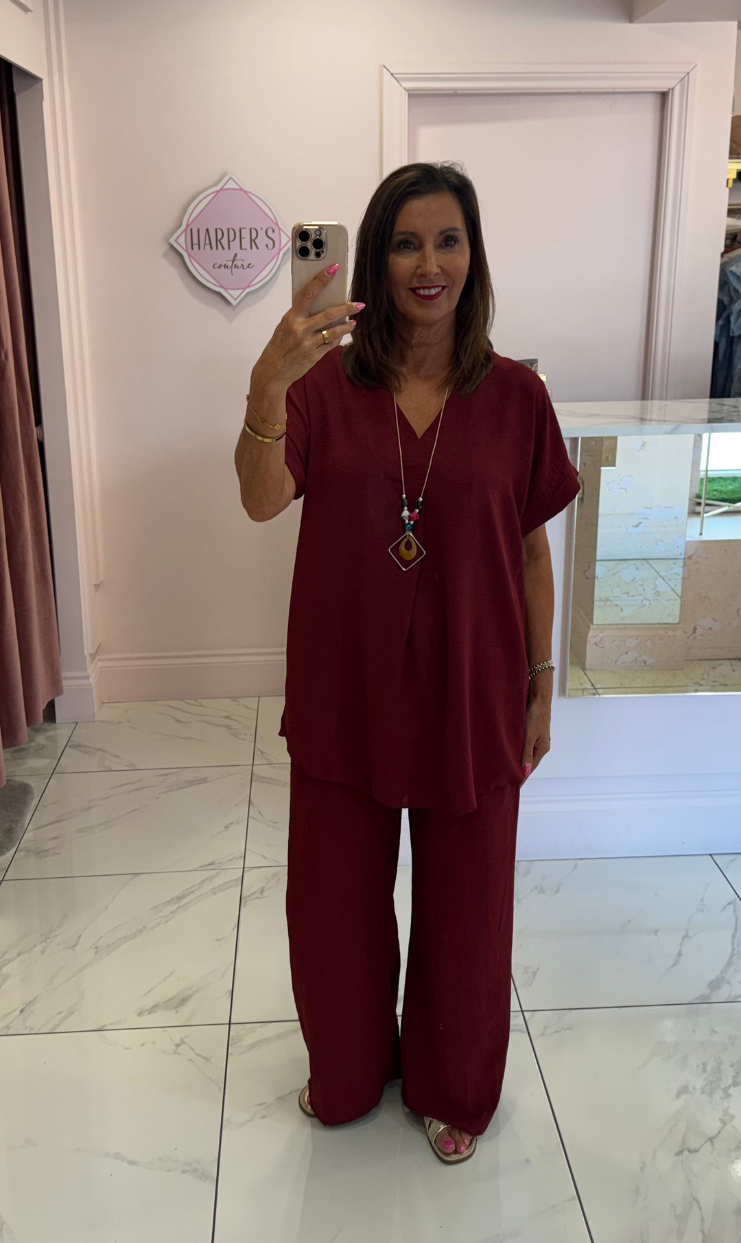 Ember Burgundy V Neck Top & Trouser Co Ord Set