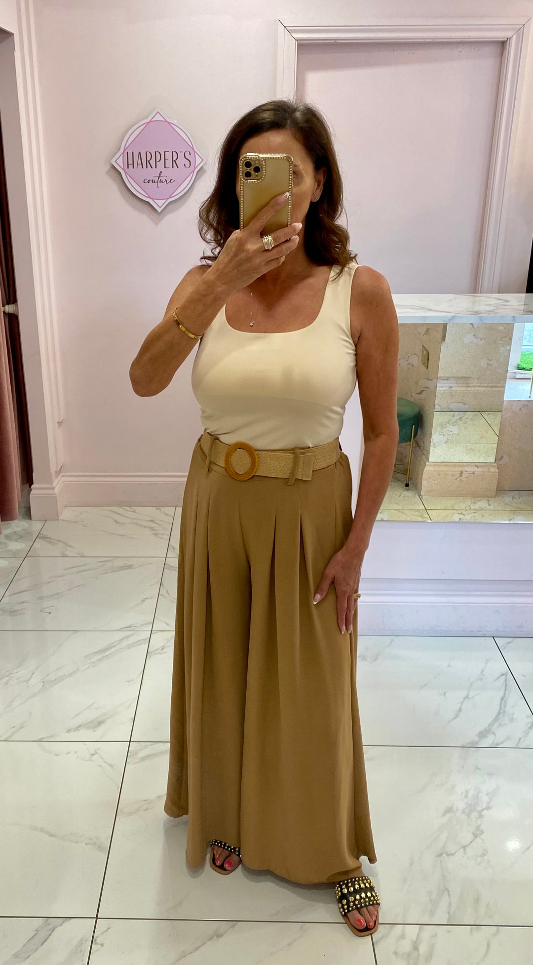 Adrianna Camel Wide Leg Belted Trousers