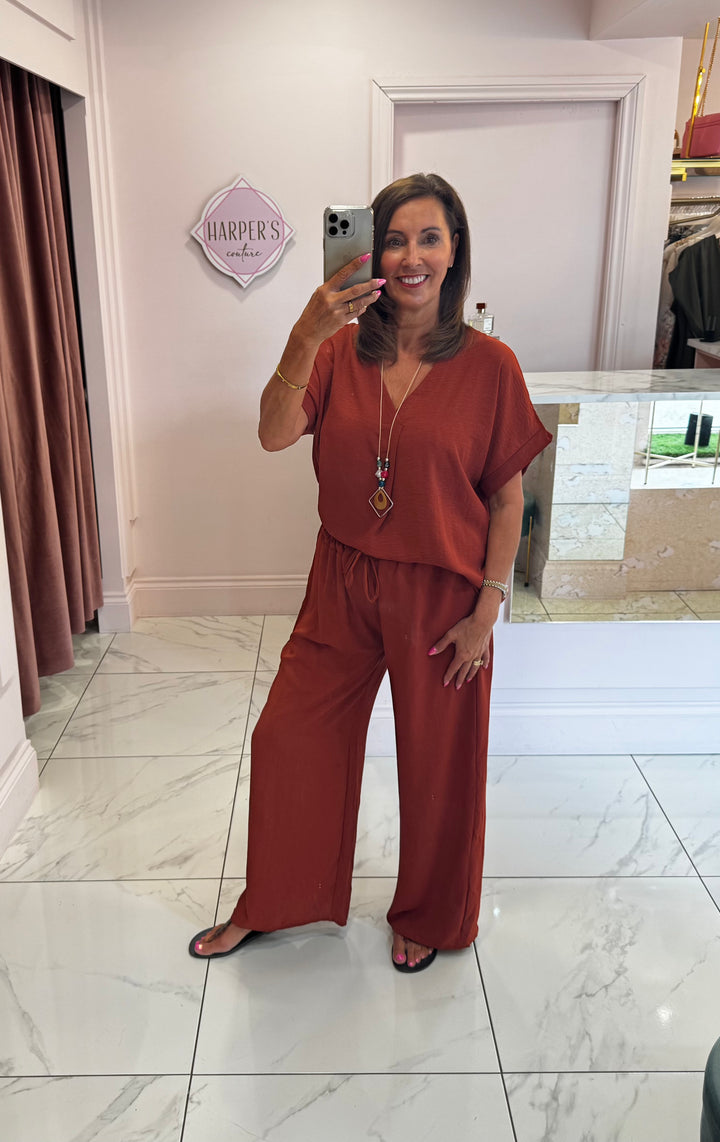 Ember Rust V Neck Top & Trouser Co Ord Set