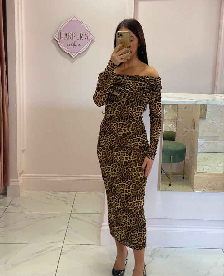 Remmee Long Sleeve Mesh Leopard Print Dress