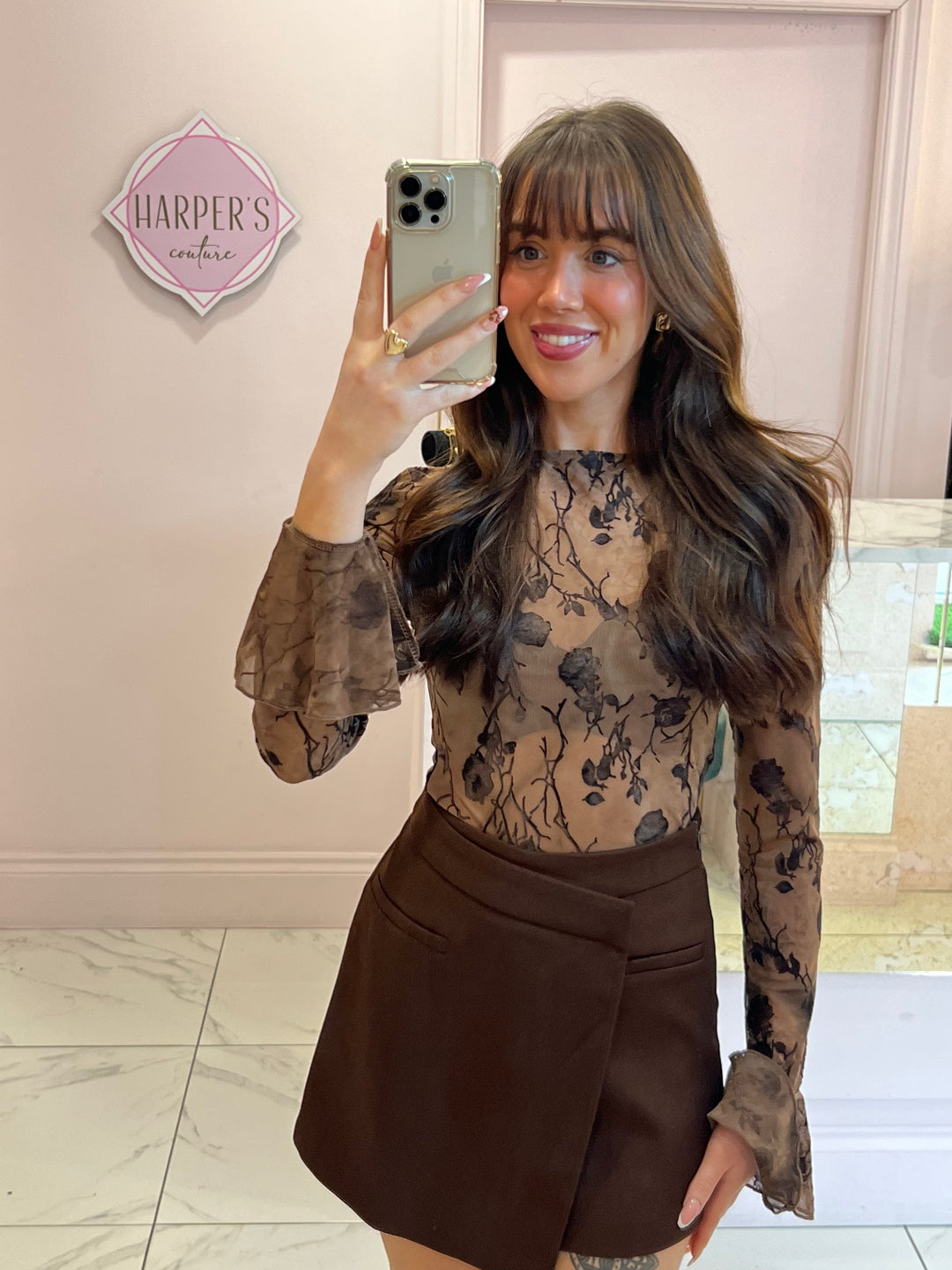 Claudia Chocolate Brown Sheer Flared Cuff Top