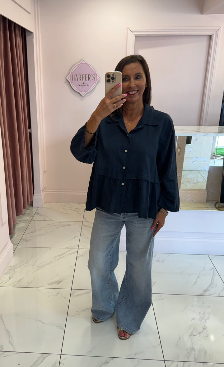Saffie Navy Linen Mix Blouse