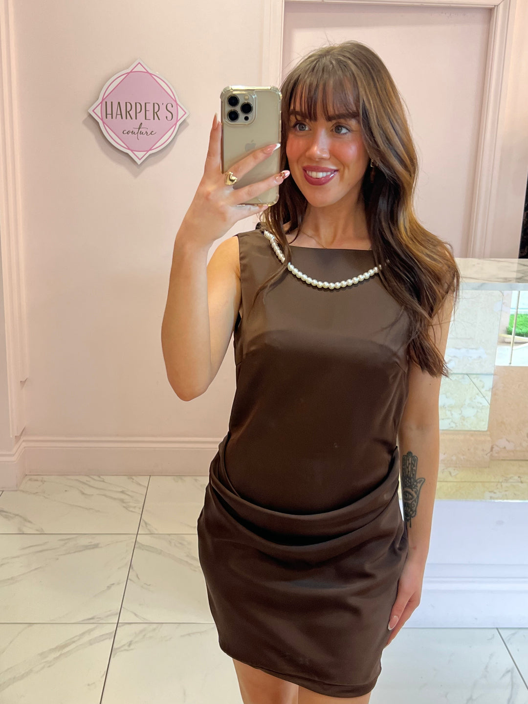Tia Chocolate Satin Detachable Pearl Necklace Dress