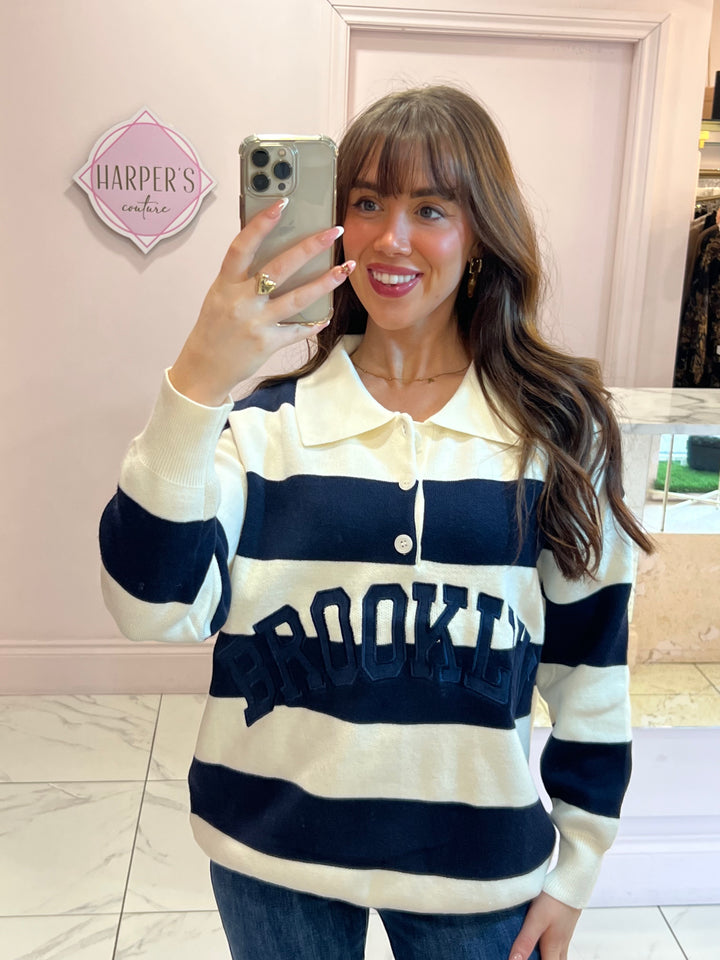 Brooklyn Stripe 1/4 Button Knit Sweater/Jumper