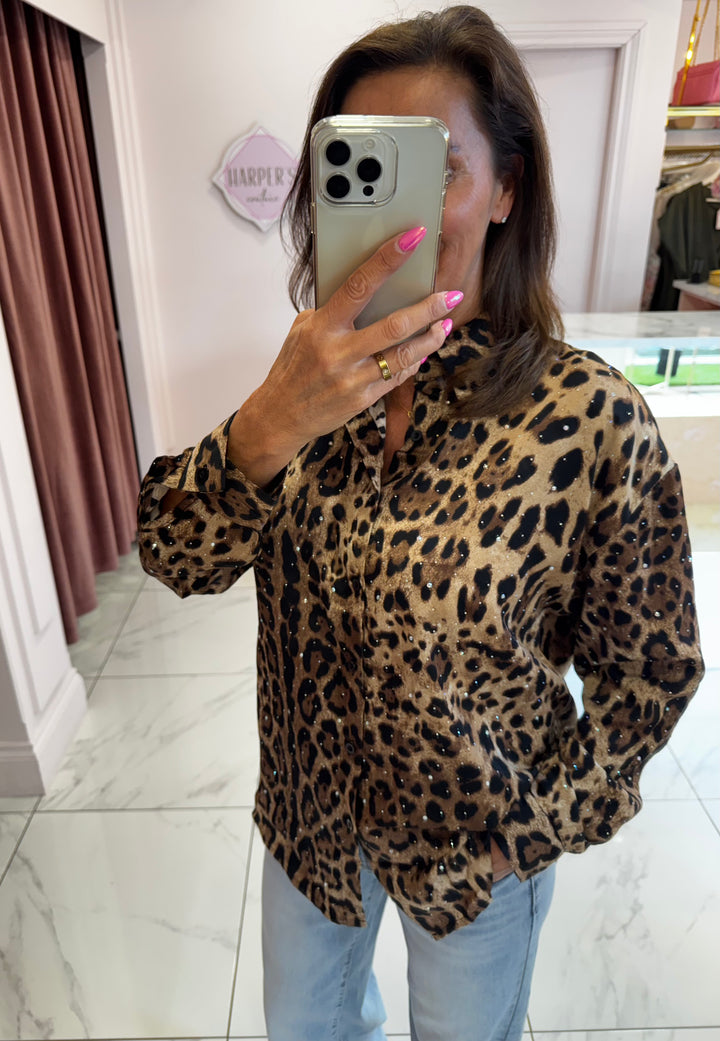 Zaya Leopard Print Scattered Crystal Embellished Shirt