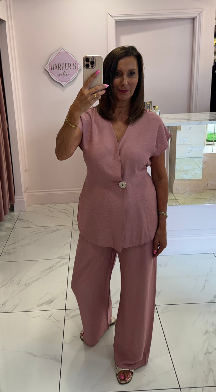 Daisy Pink Gold Button Trouser & Top Co Ord Set