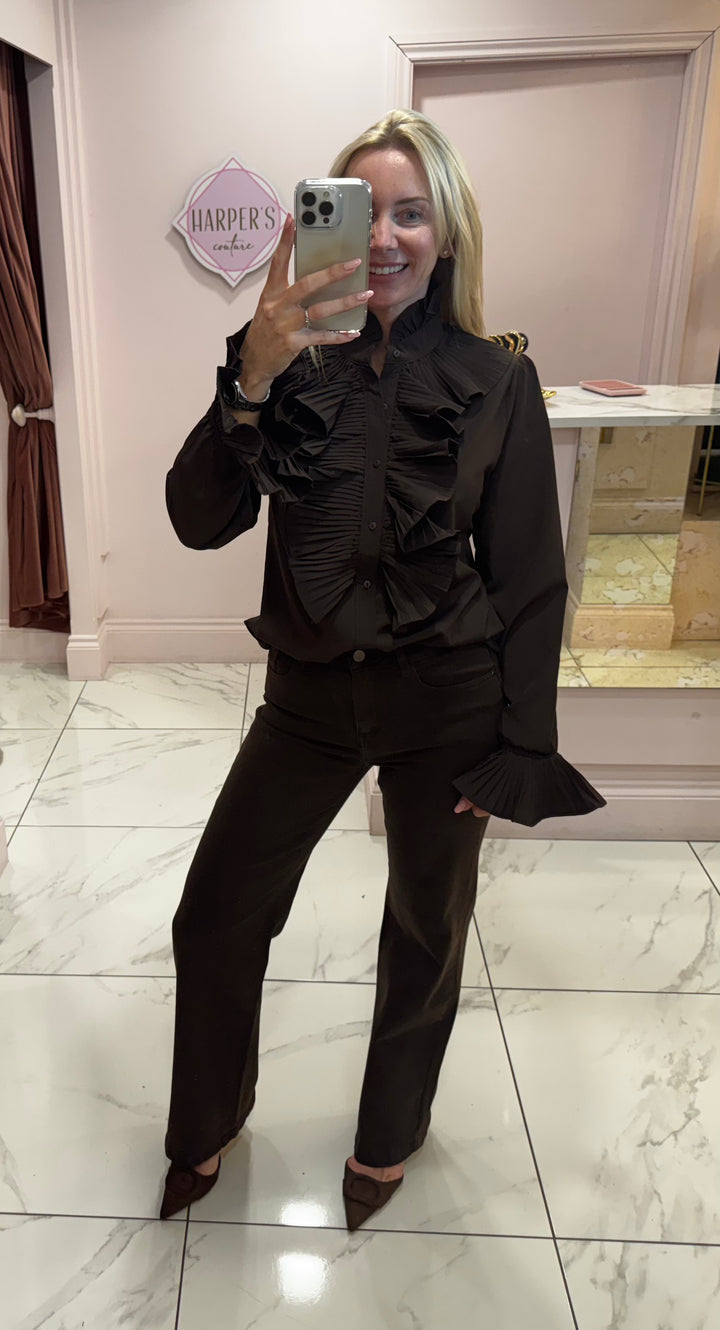 Ella Chocolate Ruffle Front & Cuff Detail Blouse