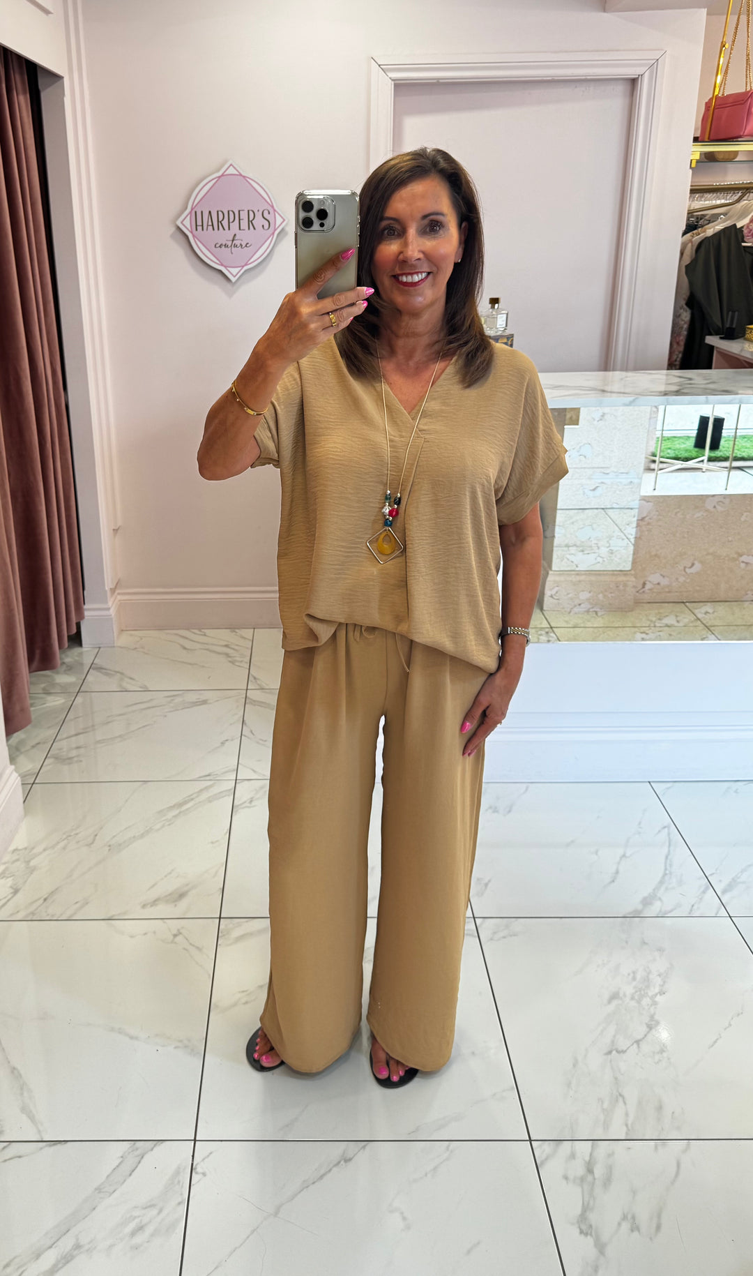 Ember Camel V Neck Top & Trouser Co Ord Set