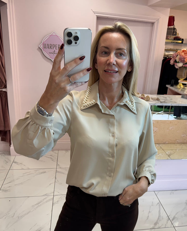 Pearl Collar Silky Feel Blouse/Shirt