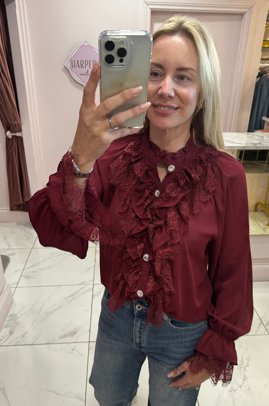 Poppy Burgundy Ruffle Front & Cuff Detail Blouse