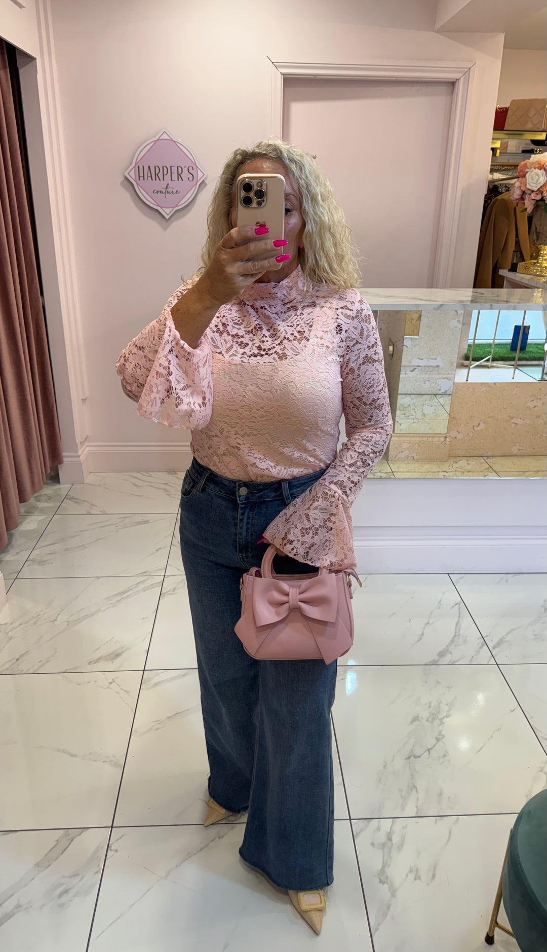 Caitlyn Pink Lace Top with Bell Sleeves