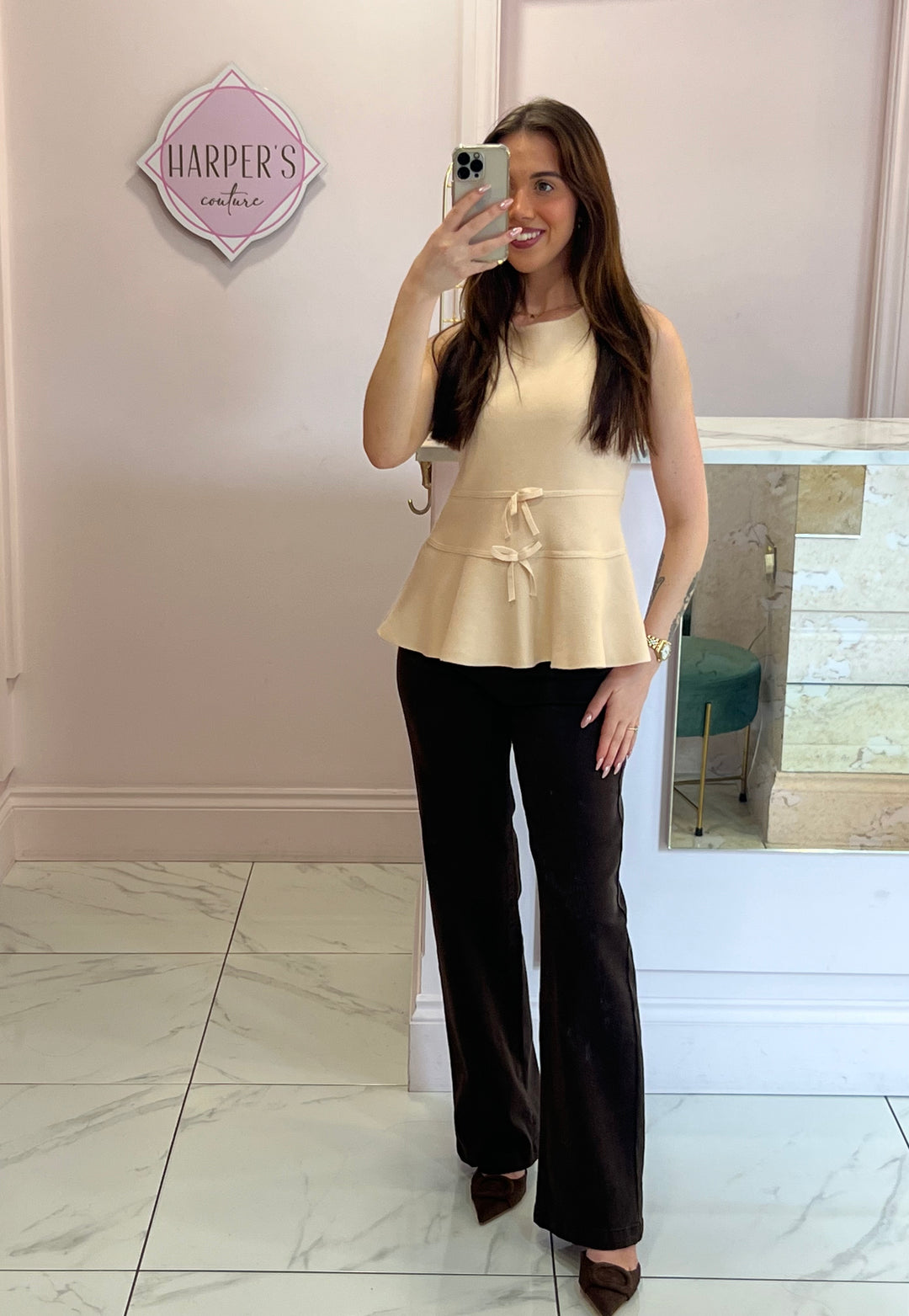 Lana Cream Peplum & Bow Detail Knit Tank Top