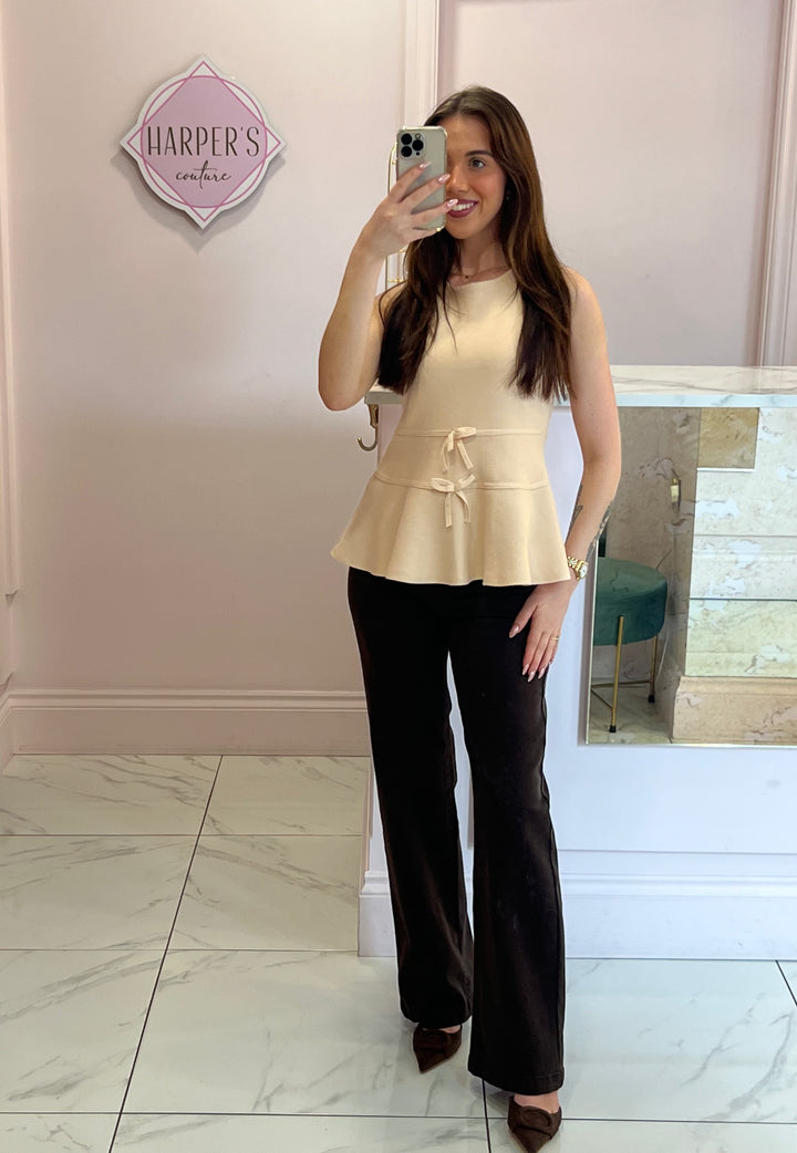 Lana Cream Peplum & Bow Detail Knit Tank Top
