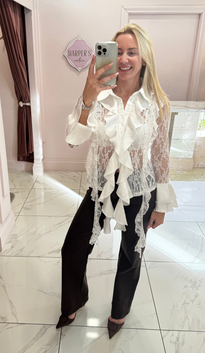 Hollie Lace & Ruffle White Shirt with Bell Sleeves