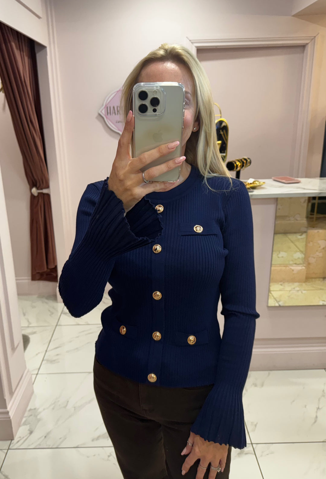 Clara Navy Ribbed Fluted Sleeve Gold Button Jumper