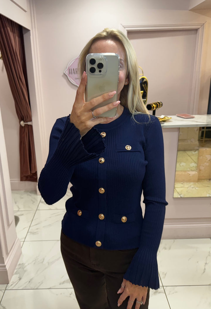Clara Navy Ribbed Fluted Sleeve Gold Button Jumper
