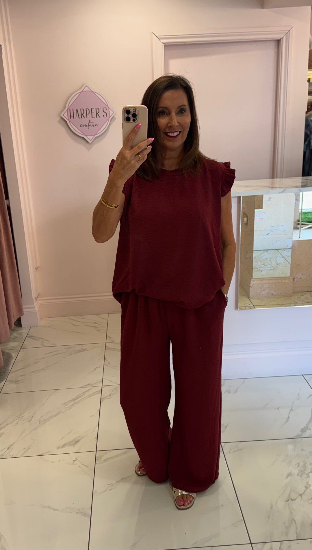 Kaya Burgundy Frill Shoulder Top & Trouser Co Ord Set