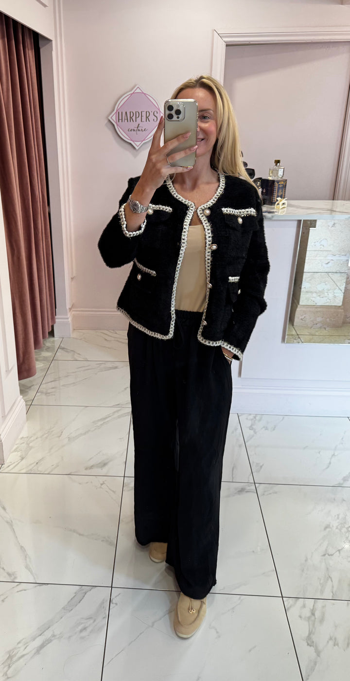 Chanella Premium Black Pearl Button Cardigan