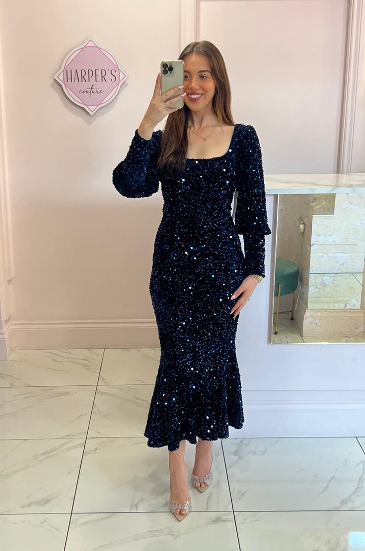 Emmy Navy Sequin Fishtail Dress