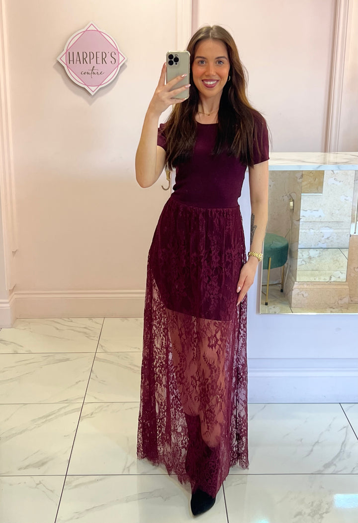 Arla Burgundy Lace Short Sleeve Dress