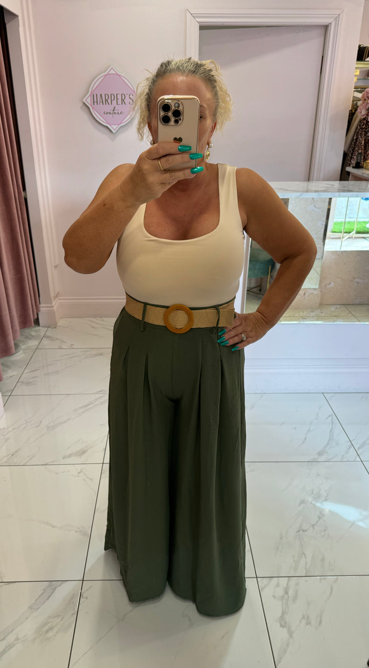 Adrianna Khaki Wide Leg Belted Trousers