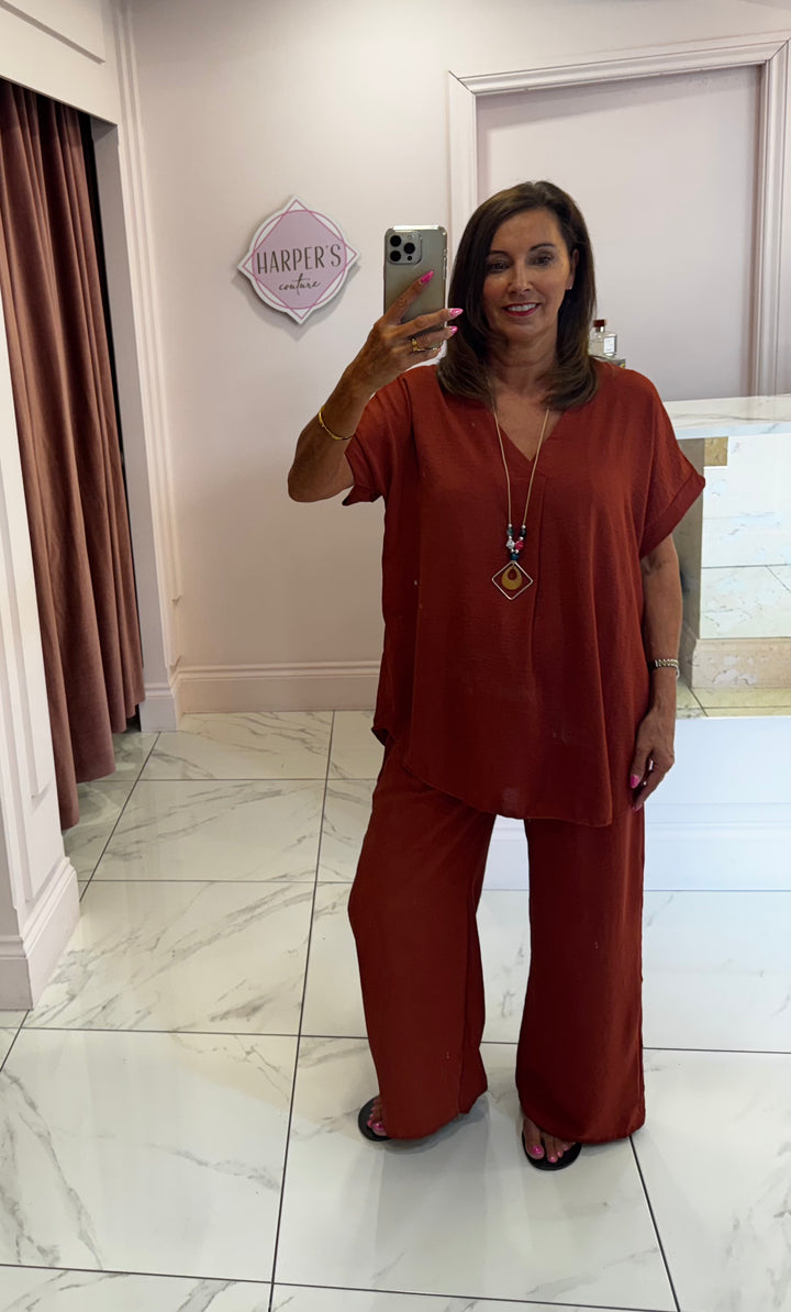 Ember Rust V Neck Top & Trouser Co Ord Set