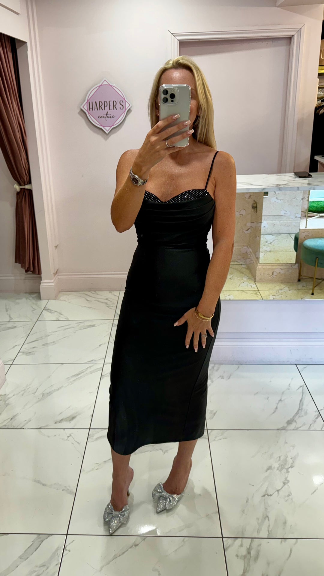 Crystal Cup Black Satin Midi Dress