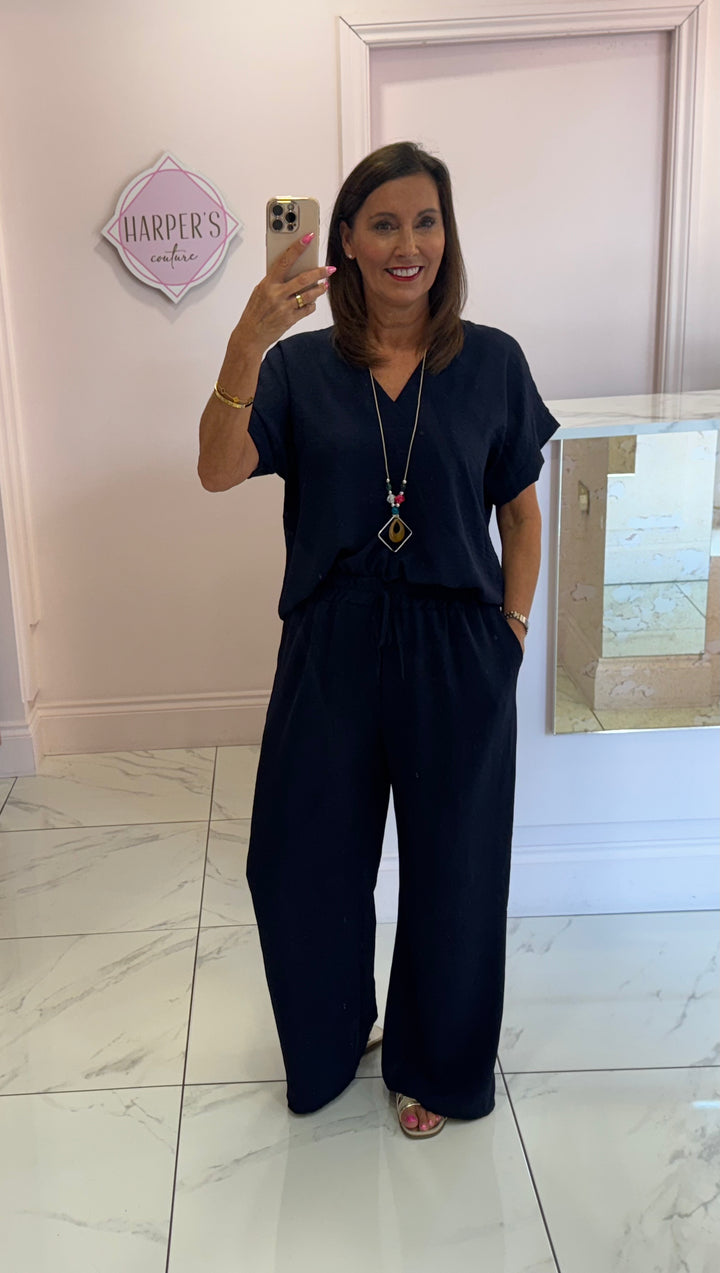 Ember Navy V Neck Top & Trouser Co Ord Set