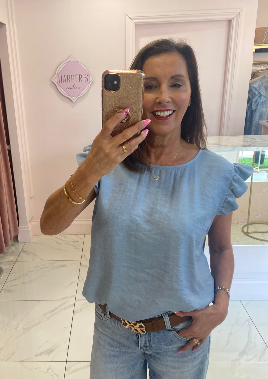 Joy Baby Blue Frill Shoulder Button Back Top