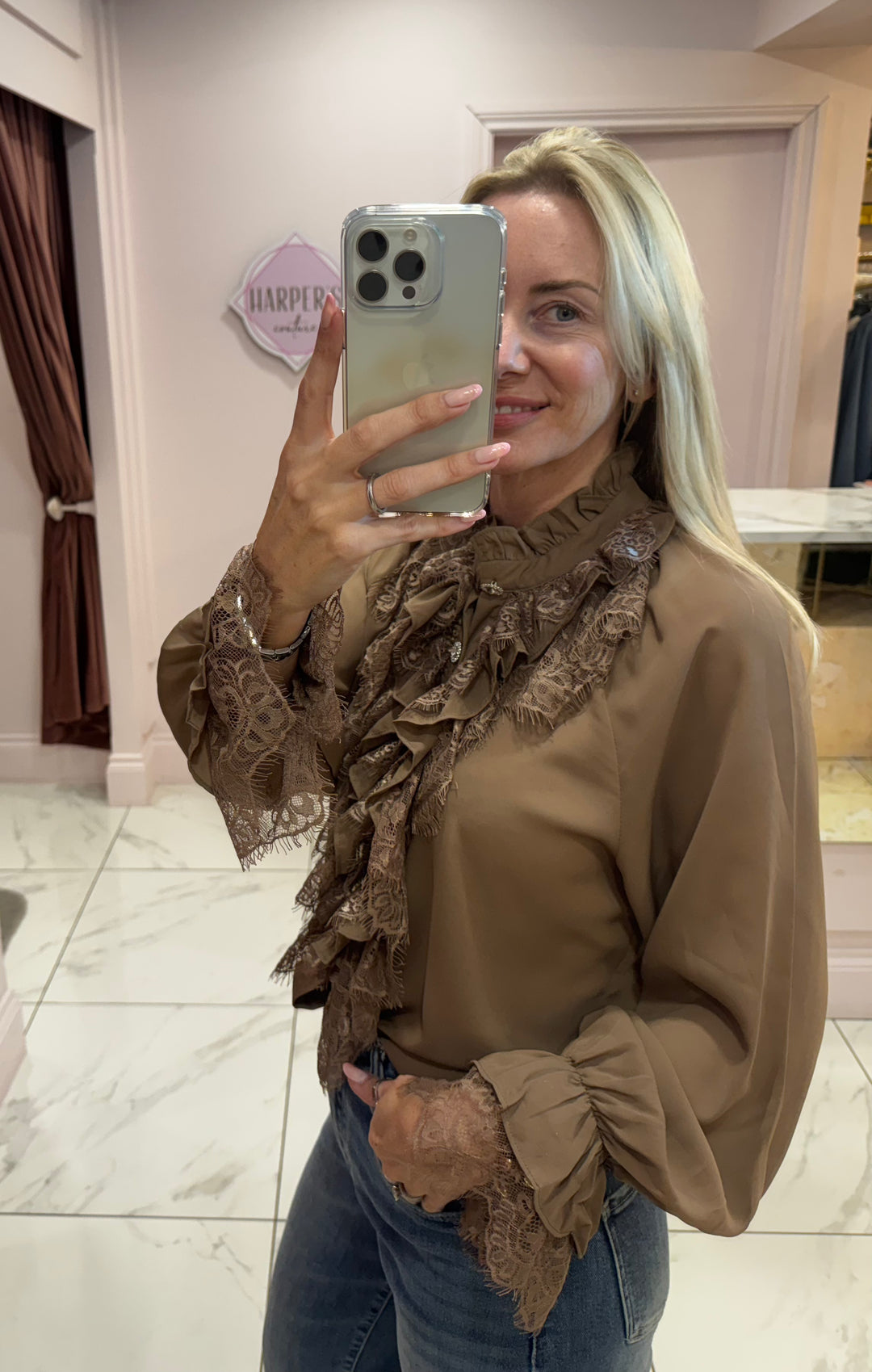 Poppy Mocha Ruffle Front & Cuff Detail Blouse
