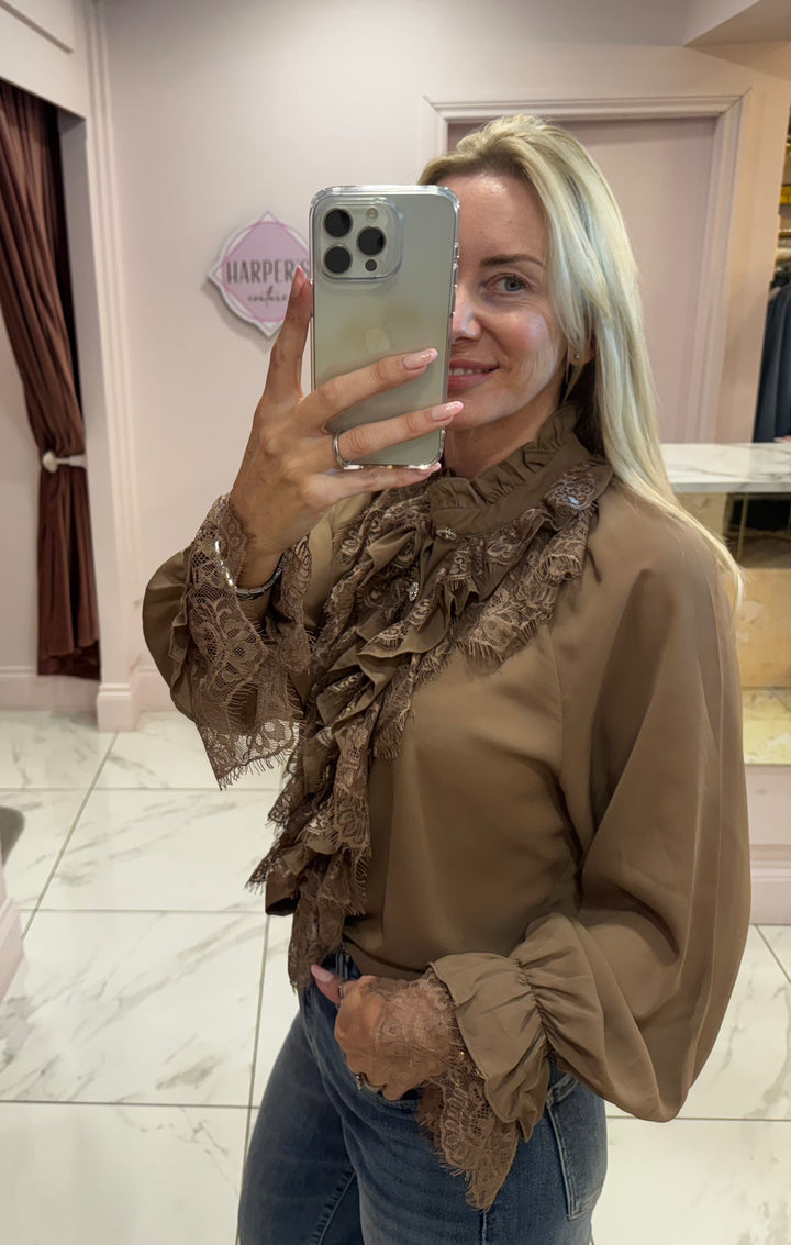 Poppy Mocha Ruffle Front & Cuff Detail Blouse